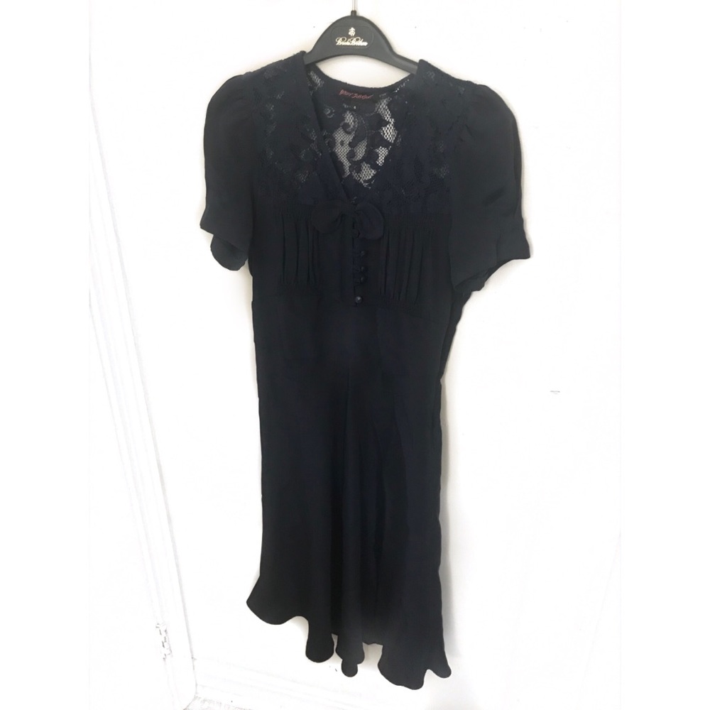 Betsy Johnson dark navy silk bow & button up dress